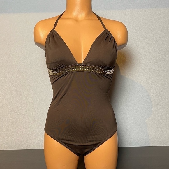 Nwt Michael Kors Chocolate Gold Studded Halter Tank Swimsuit (SW09) - Picture 1 of 14